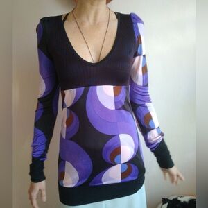 Custo Barcelona Black and Purple Geometric Long Sleeve Viscose Top